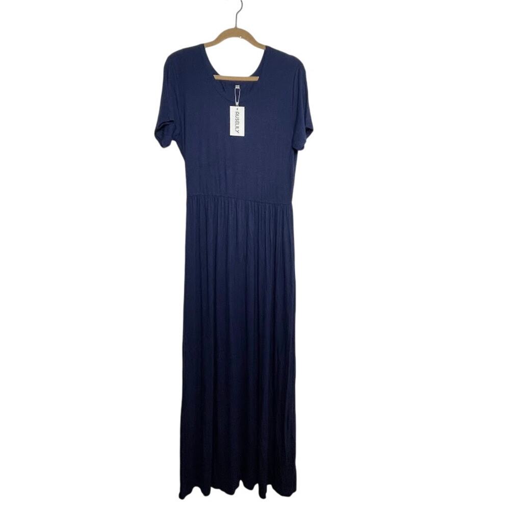 Auselily Maxi Dress New Short Sleeve Casual Long Shirt Dress Comfort Womens L